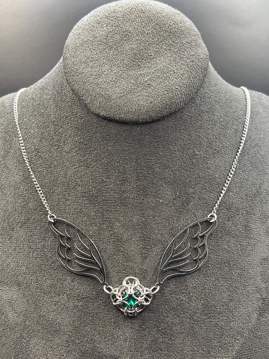 Fantasy-Inspired Fairy Wing Necklace with GREEN Glass Gem, Solid Stainless Steel Chainmaille Pendant, Necklace Measures Approx. 20" Long