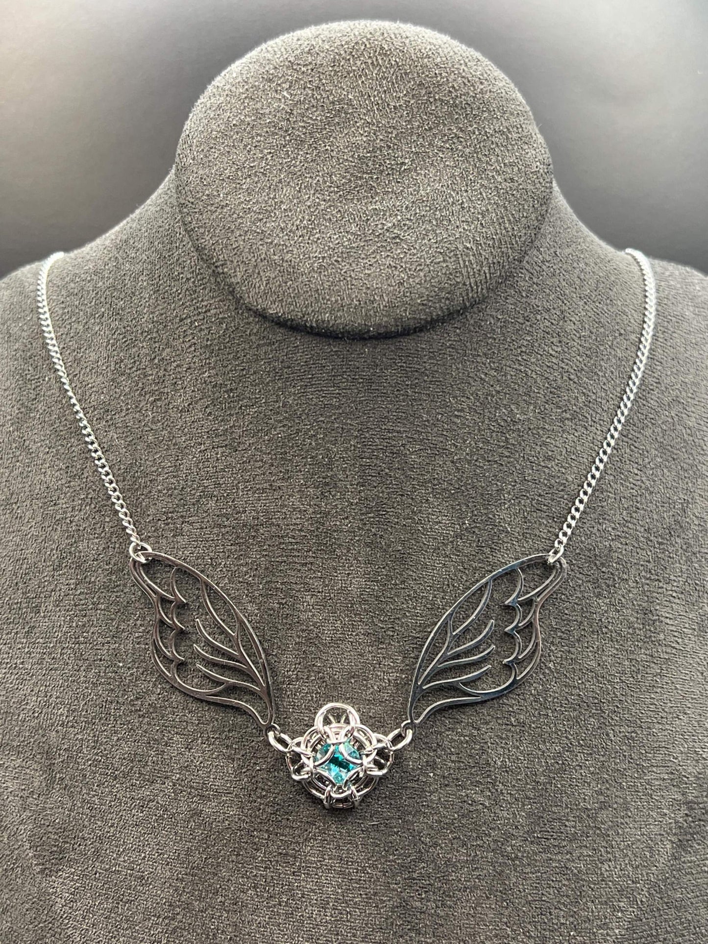 Fantasy-Inspired Fairy Wing Necklace with BLUE Glass Gem, Solid Stainless Steel Chainmaille Pendant, Necklace Measures Approx. 20" Long