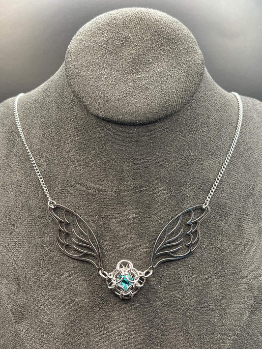 Fantasy-Inspired Fairy Wing Necklace with BLUE Glass Gem, Solid Stainless Steel Chainmaille Pendant, Necklace Measures Approx. 20" Long