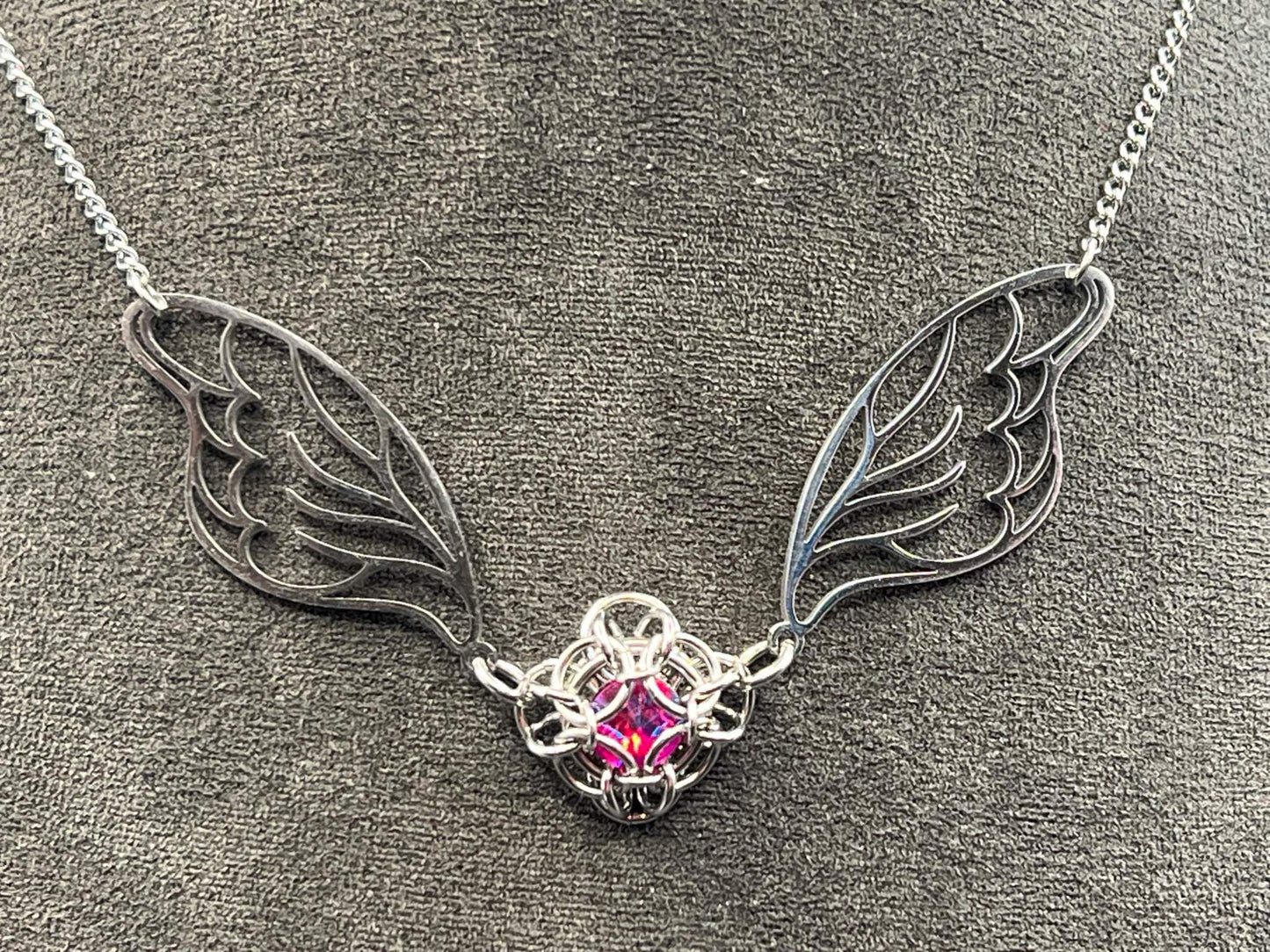 Fantasy-Inspired Fairy Wing Necklace with PINK Glass Gem, Solid Stainless Steel Chainmaille Pendant, Necklace Measures Approx. 20" Long