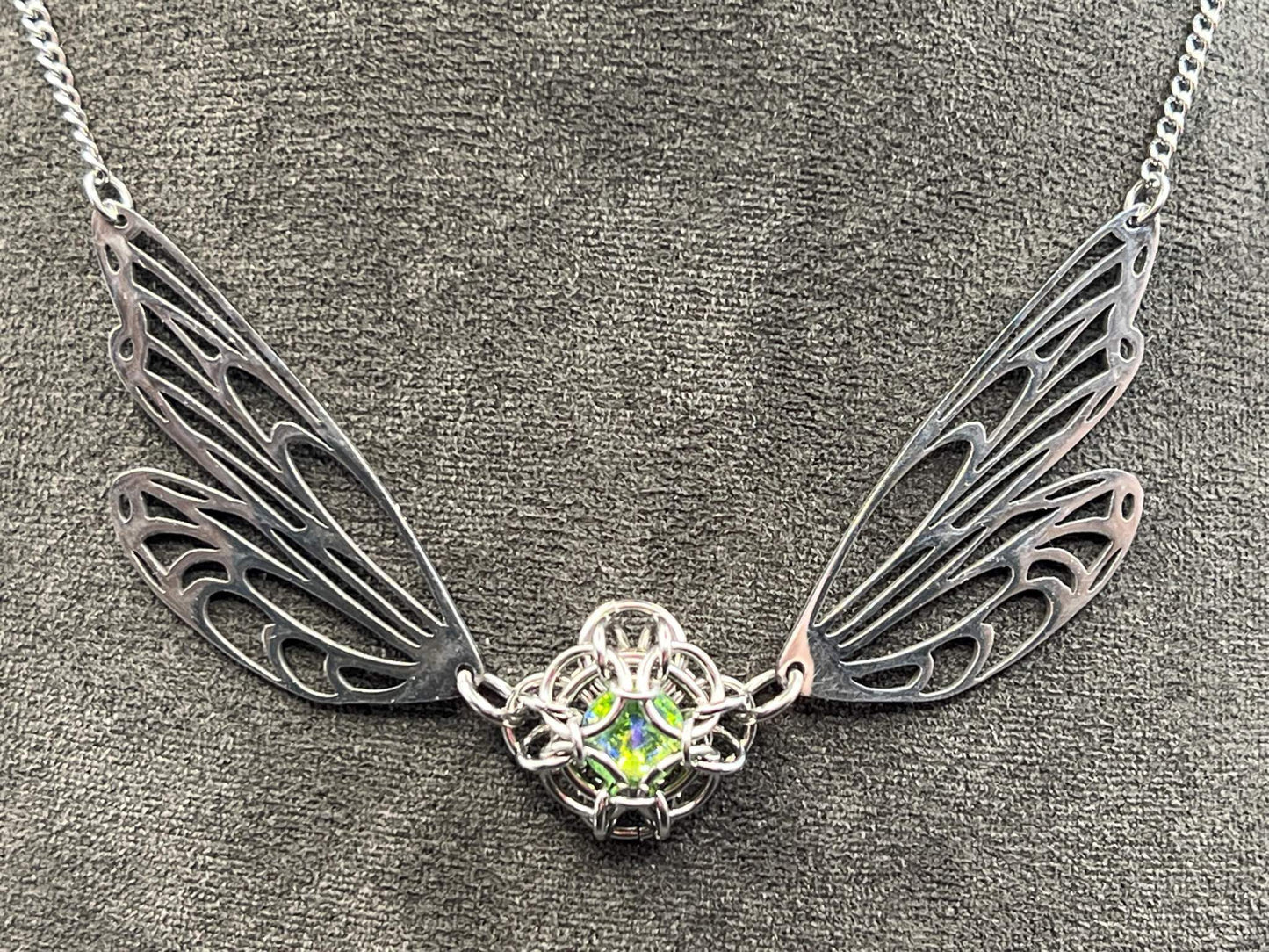 Fantasy-Inspired Butterfly Wing Necklace with GREEN Glass Gem, Solid Stainless Steel Chainmaille Pendant, Necklace Measures Approx. 20" Long