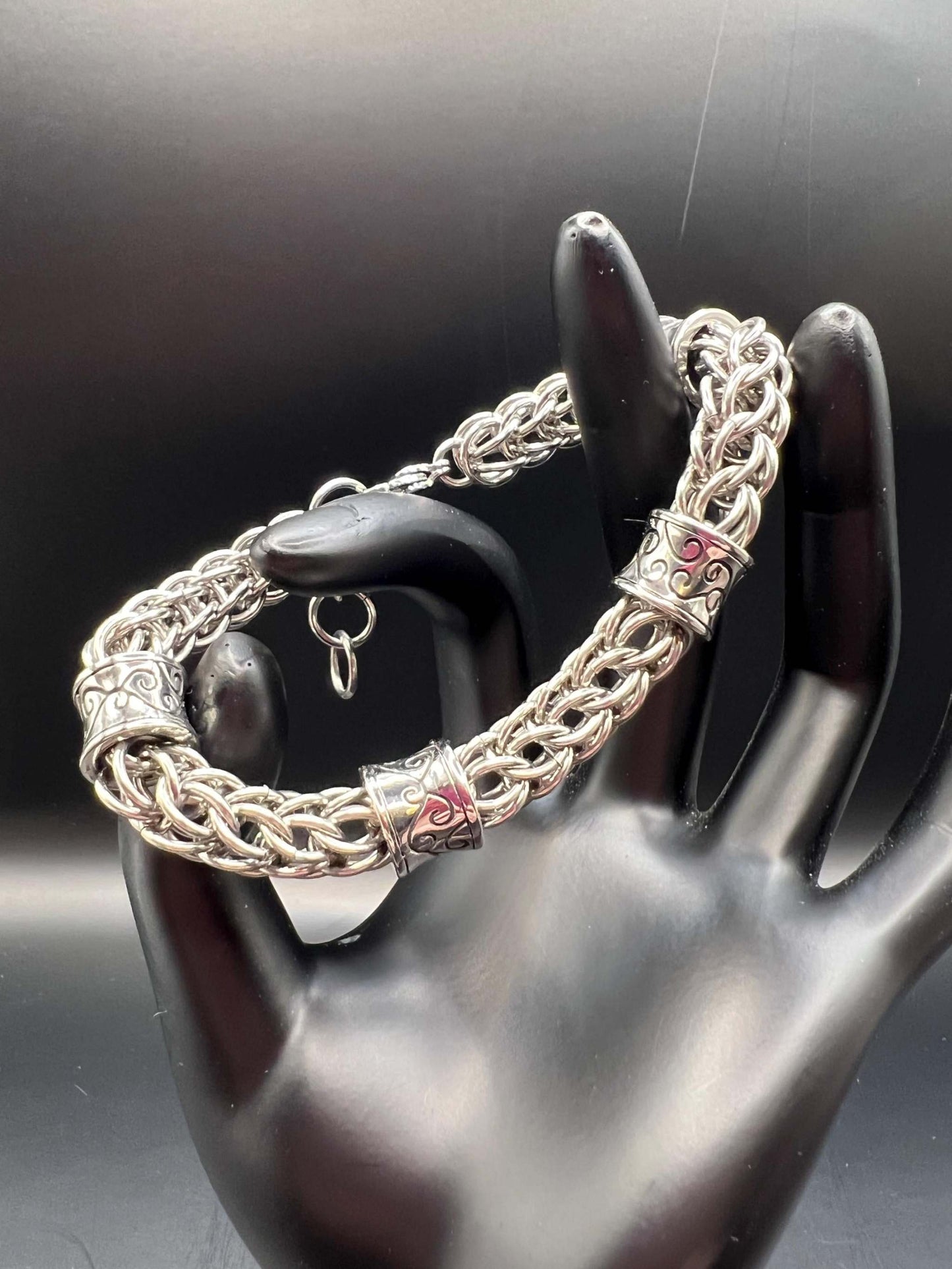 Foxtail with Beads Solid Stainless Steel Bracelet, Chainmaille, Stainless Steel Lobster Clasp, Adjustable 7.5-9" Long