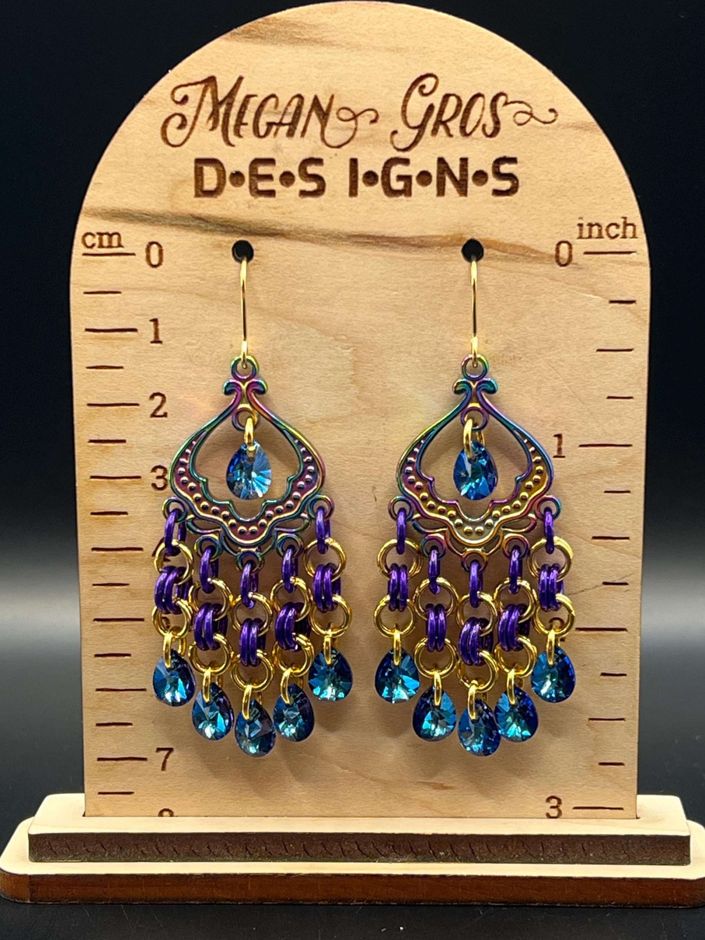 Rainbow & Purple Chainmaille Chandelier Earrings with Glass Gems, Surgical Steel Hooks, Earrings Measure Approx. 2.75" Long Inc. Hooks
