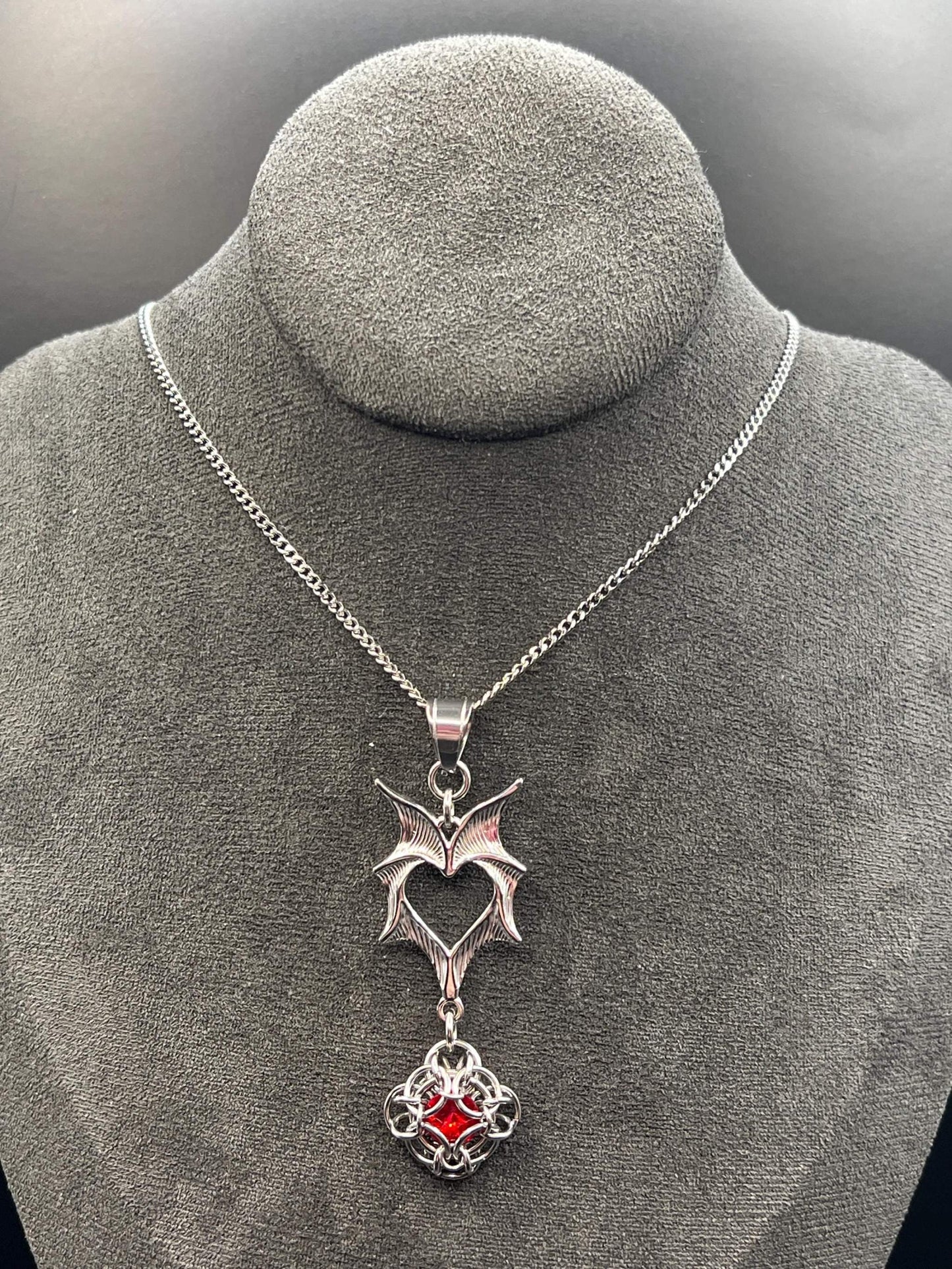 Romantasy-Inspired Bat Wing Pendant with RED Glass Gem, Solid Stainless Steel Chainmaille Pendant on 20" Stainless Steel Necklace Chain
