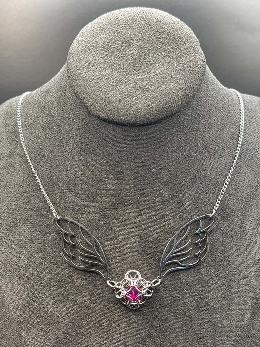 Fantasy-Inspired Fairy Wing Necklace with PINK Glass Gem, Solid Stainless Steel Chainmaille Pendant, Necklace Measures Approx. 20" Long