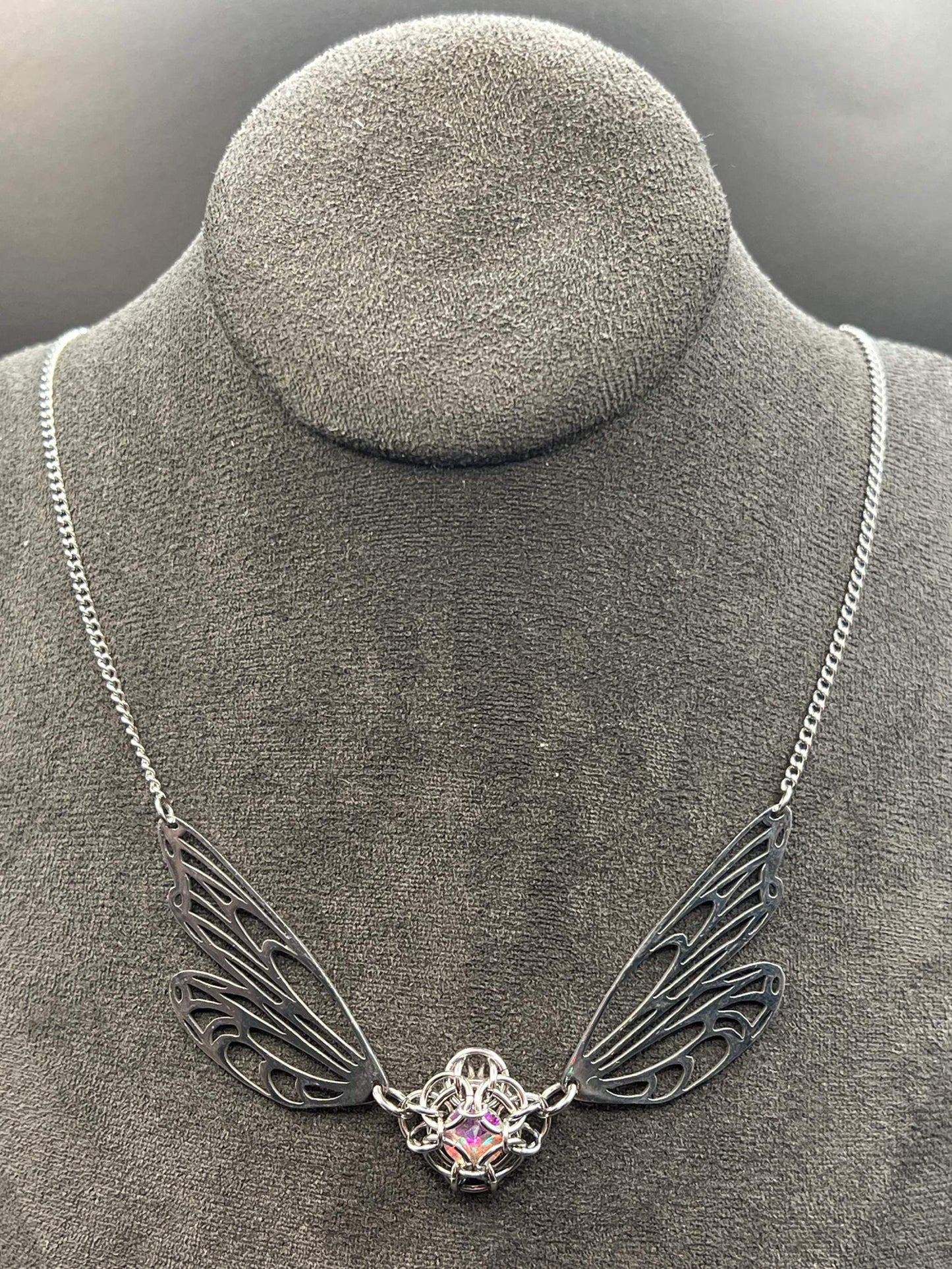 Fantasy-Inspired Butterfly Wing Necklace with PINK Glass Gem, Solid Stainless Steel Chainmaille Pendant, Necklace Measures Approx. 20" Long