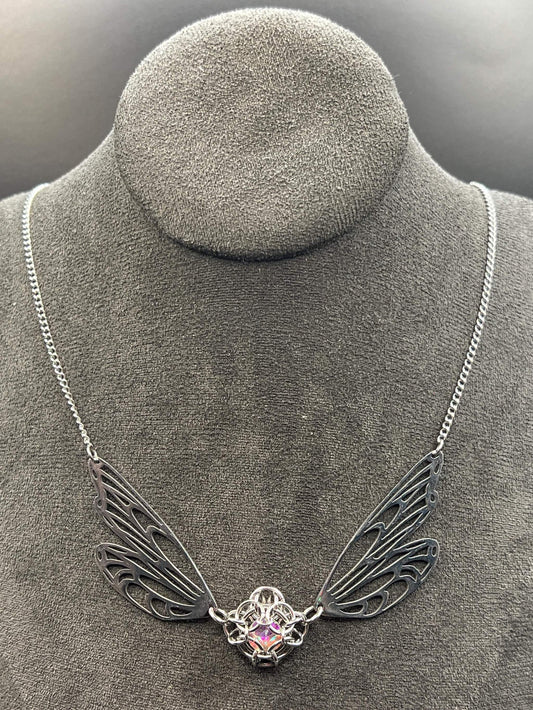 Fantasy-Inspired Butterfly Wing Necklace with PINK Glass Gem, Solid Stainless Steel Chainmaille Pendant, Necklace Measures Approx. 20" Long