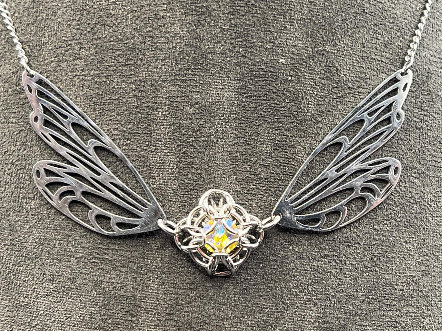 Fantasy-Inspired Butterfly Wing Necklace with YELLOW Glass Gem, Solid Stainless Steel Chainmaille Pendant Necklace Measures Approx. 20" Long