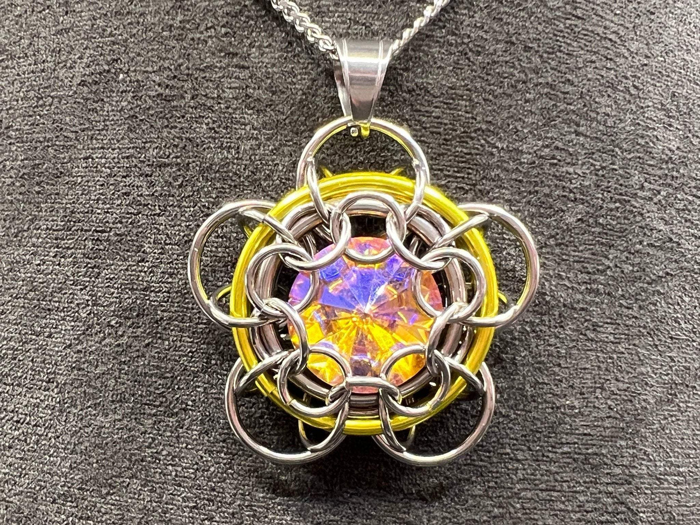 Stainless Steel Chained Daisy Pendant - Yellow Accent - Megan Gros Designs