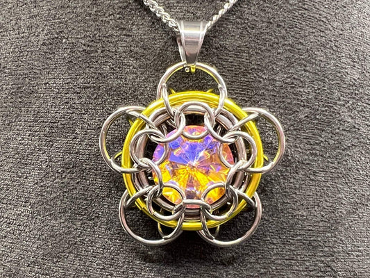 Stainless Steel Chained Daisy Pendant - Yellow Accent - Megan Gros Designs