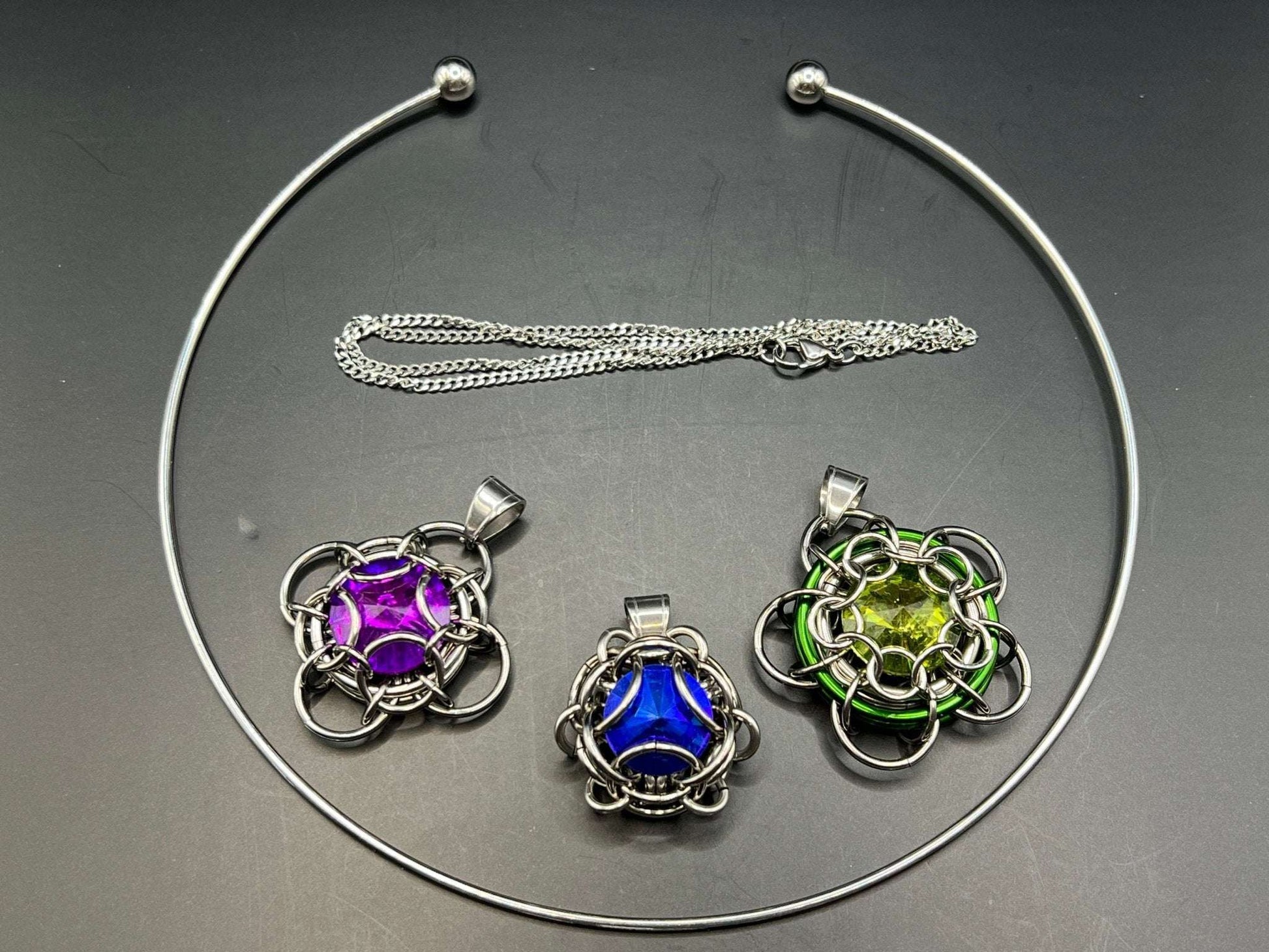 Stainless Steel Pendant Set - 3 Pendants, Rigid Choker & Stainless Steel Chain - Megan Gros Designs