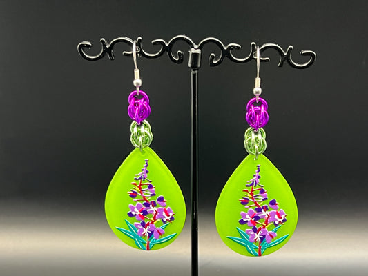 Charmed Spring: Purple Flowers on Green Earrings