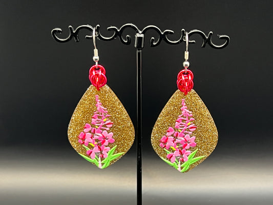 Charmed Spring: Pink Flowers on Bronze Glitter Earrings