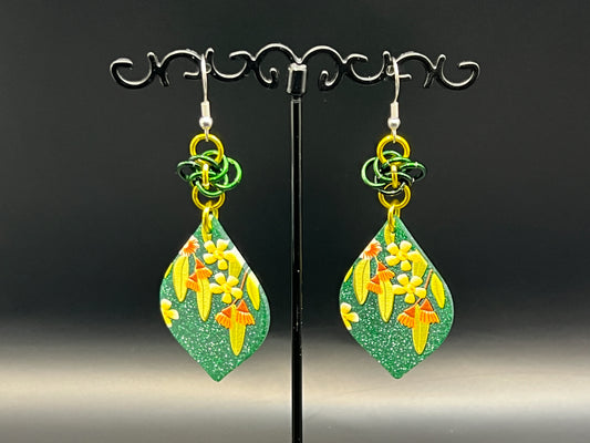 Charmed Spring: Yellow Flowers on Green Glitter Earrings