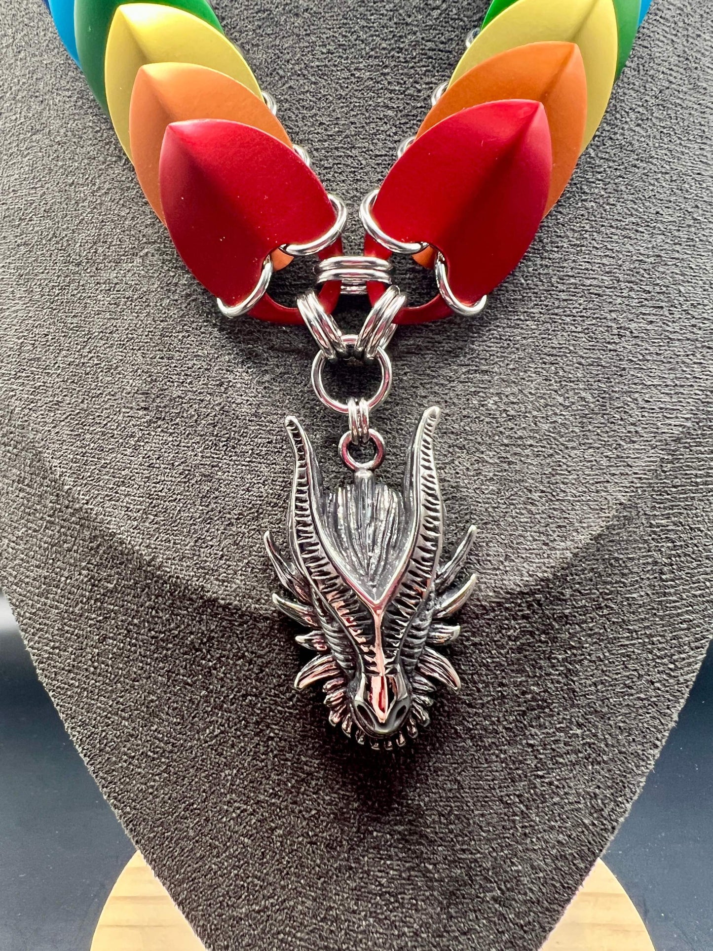 Scale Choker Necklace - Rainbow with Dragon Head Pendant