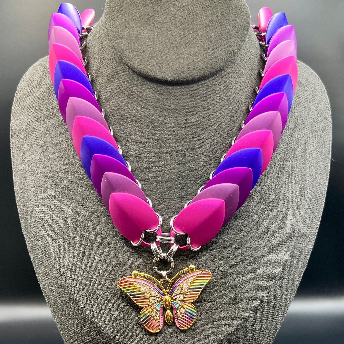 Scale Choker Necklace - Shades of Purple with Butterfly Pendant
