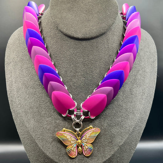 Scale Choker Necklace - Shades of Purple with Butterfly Pendant