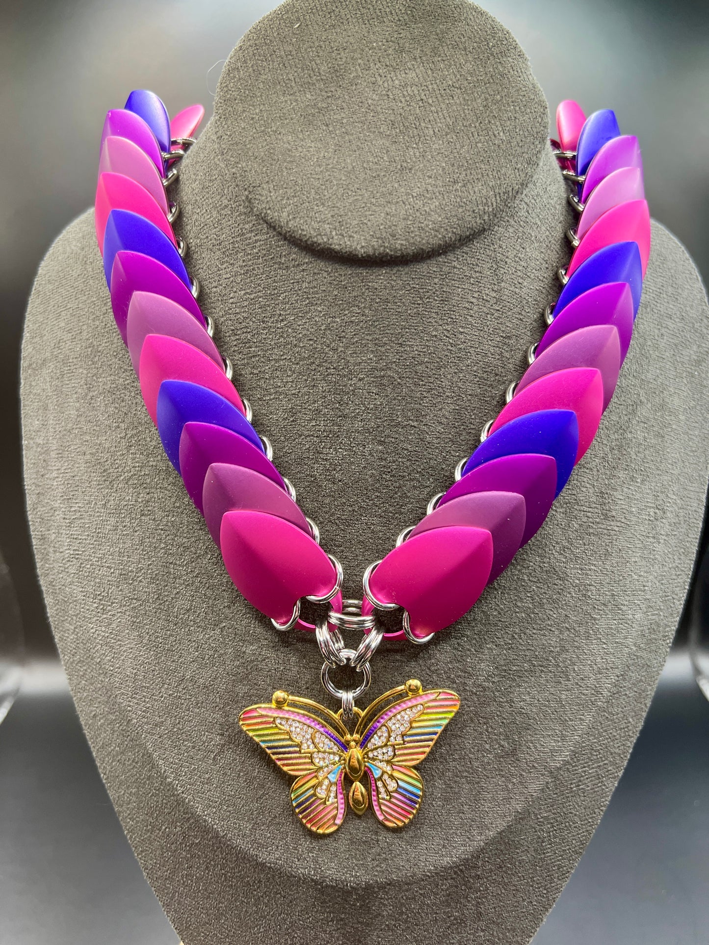 Scale Choker Necklace - Shades of Purple with Butterfly Pendant