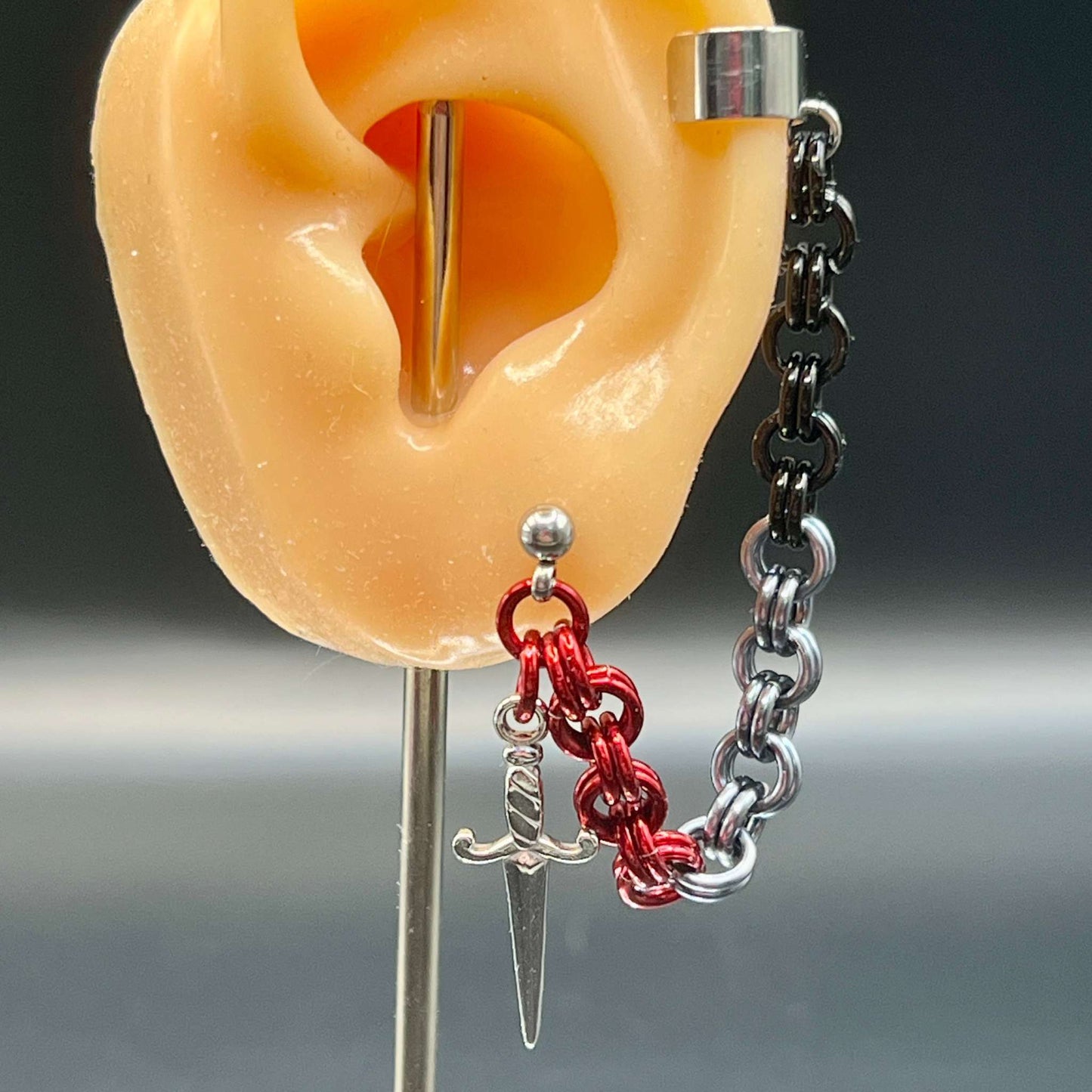 Single Ear Cuff/Earring Combo for Left Ear - Black & Red with Dagger