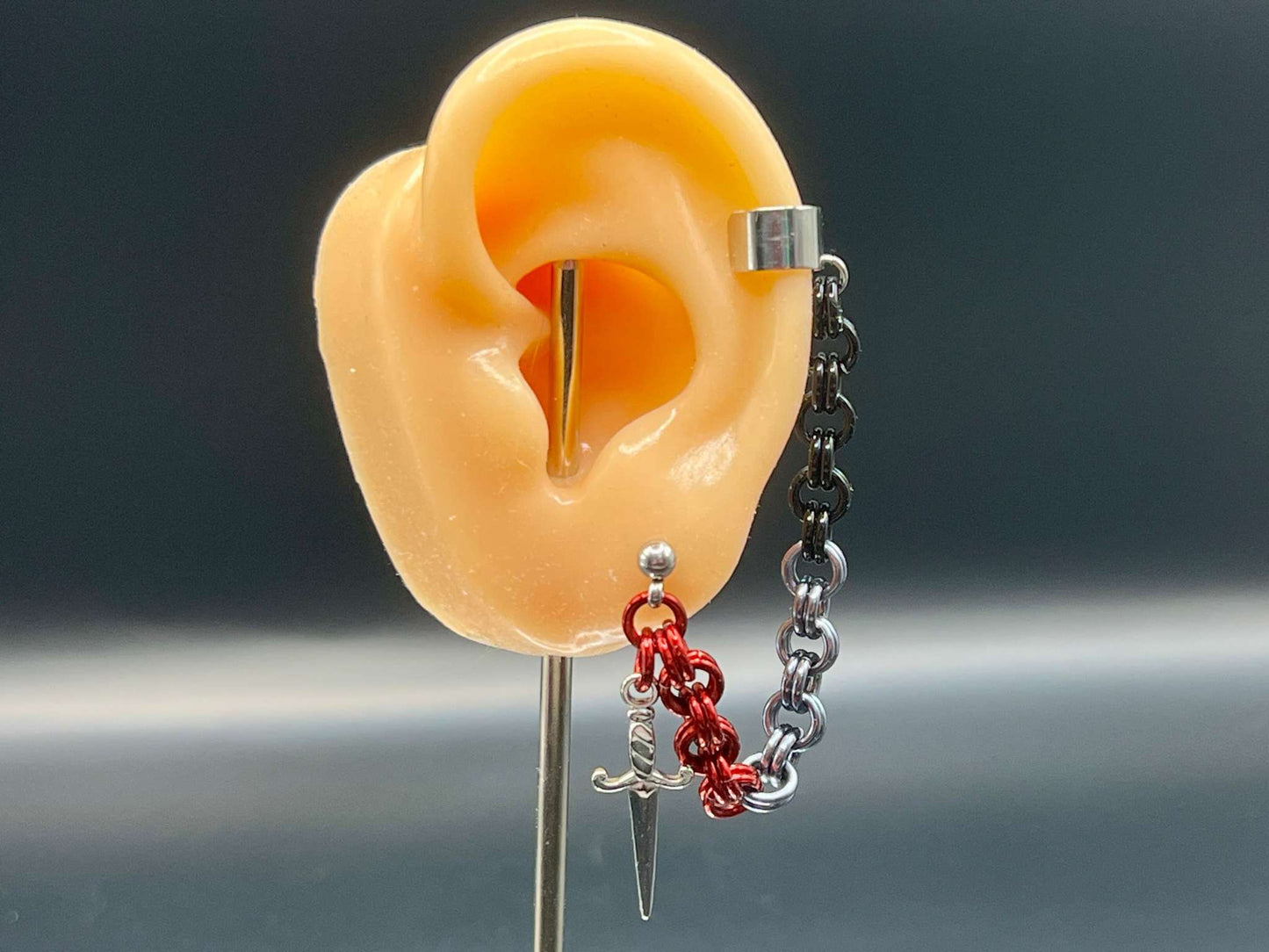 Single Ear Cuff/Earring Combo for Left Ear - Black & Red with Dagger