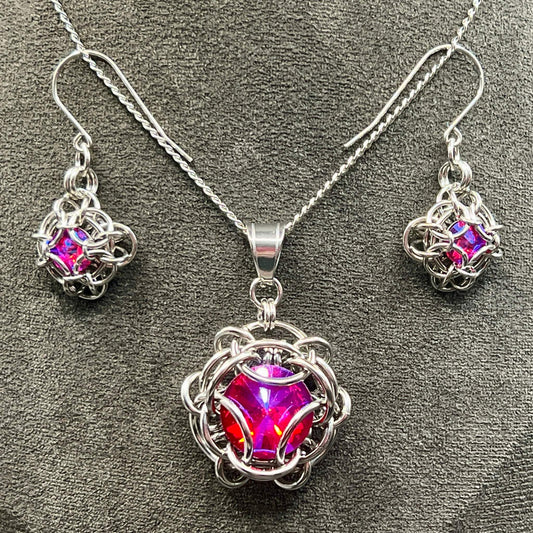 Petite Oriana & Regalo Set with Pendant and Earrings, Bright Pink Glass