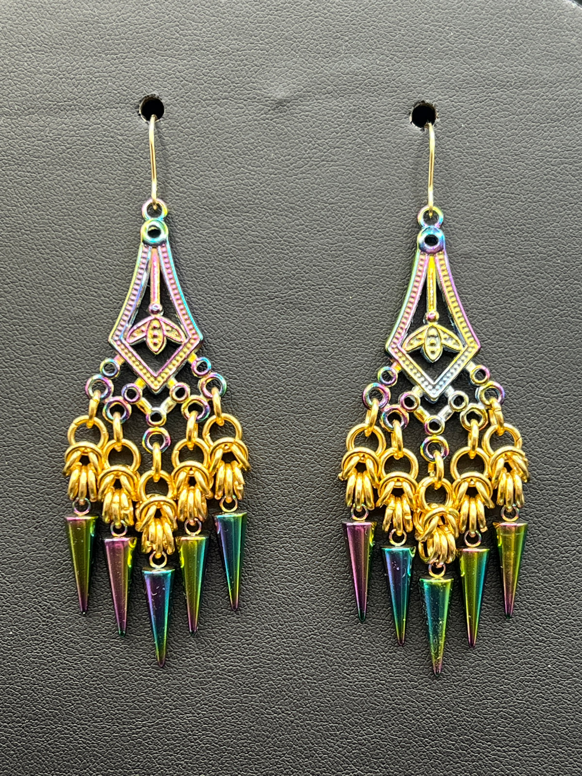 Chandelier Earrings - Gold & Rainbowed Steel
