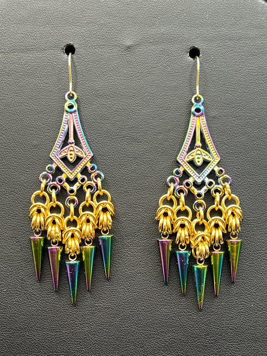 Chandelier Earrings - Gold & Rainbowed Steel