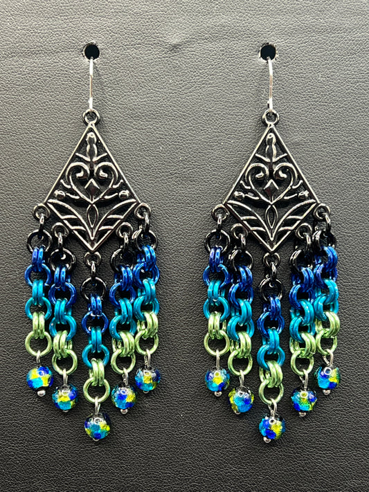 Chandelier Earrings - Peacock Blues & Greens