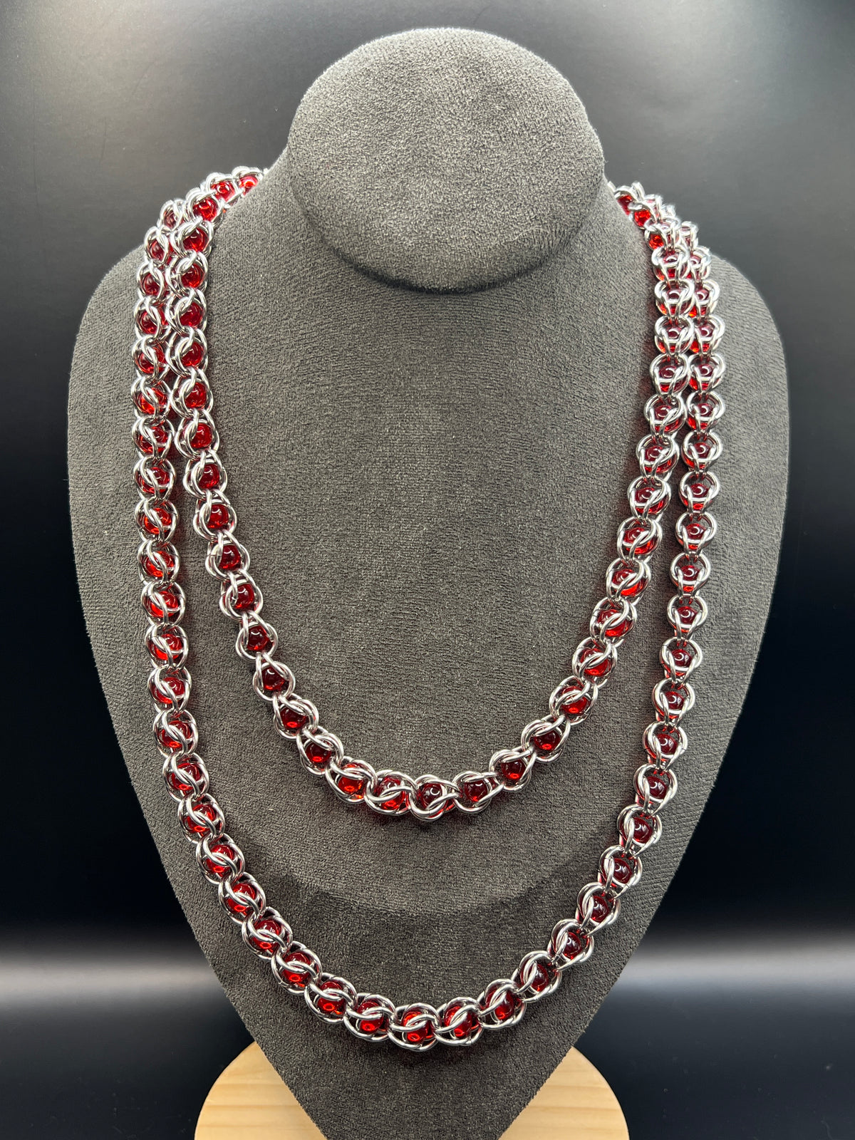 Solid Stainless Steel Double Strand Captured Red Glass Beads