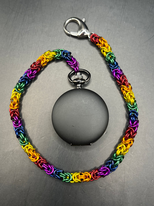 Pocket Watch with Chainmaille Chain - Rainbow Black