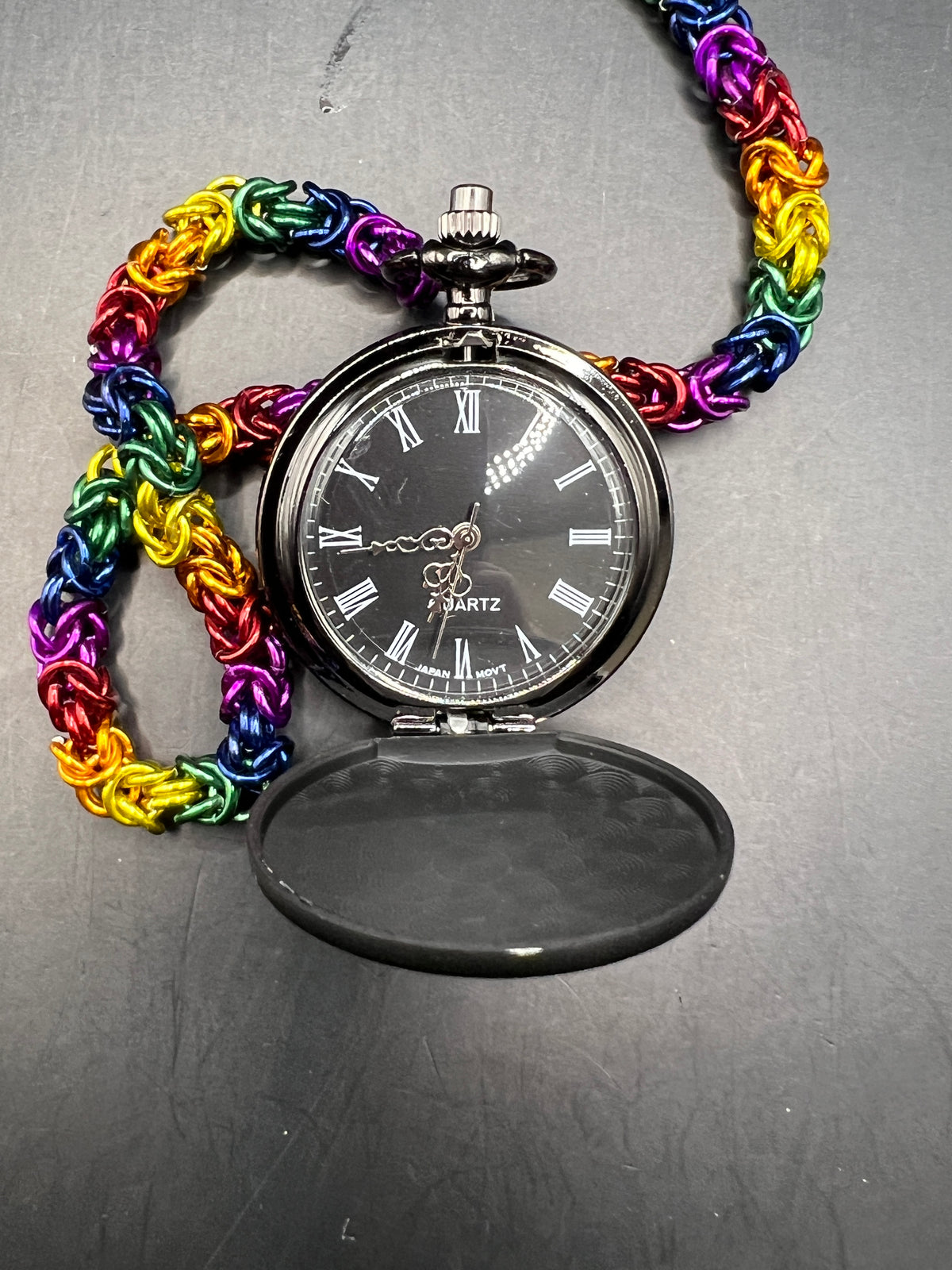 Pocket Watch with Chainmaille Chain - Rainbow Black