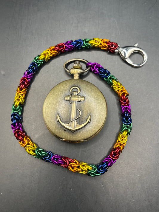 Pocket Watch with Chainmaille Chain - Rainbow Nautical