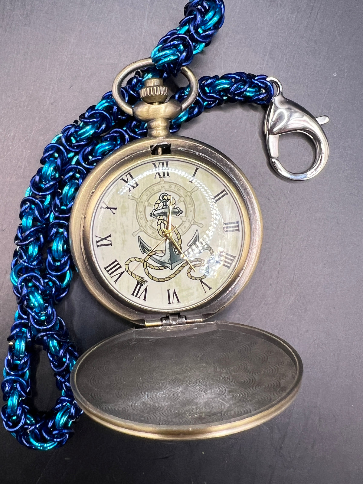 Pocket Watch with Chainmaille Chain - Blues Nautical