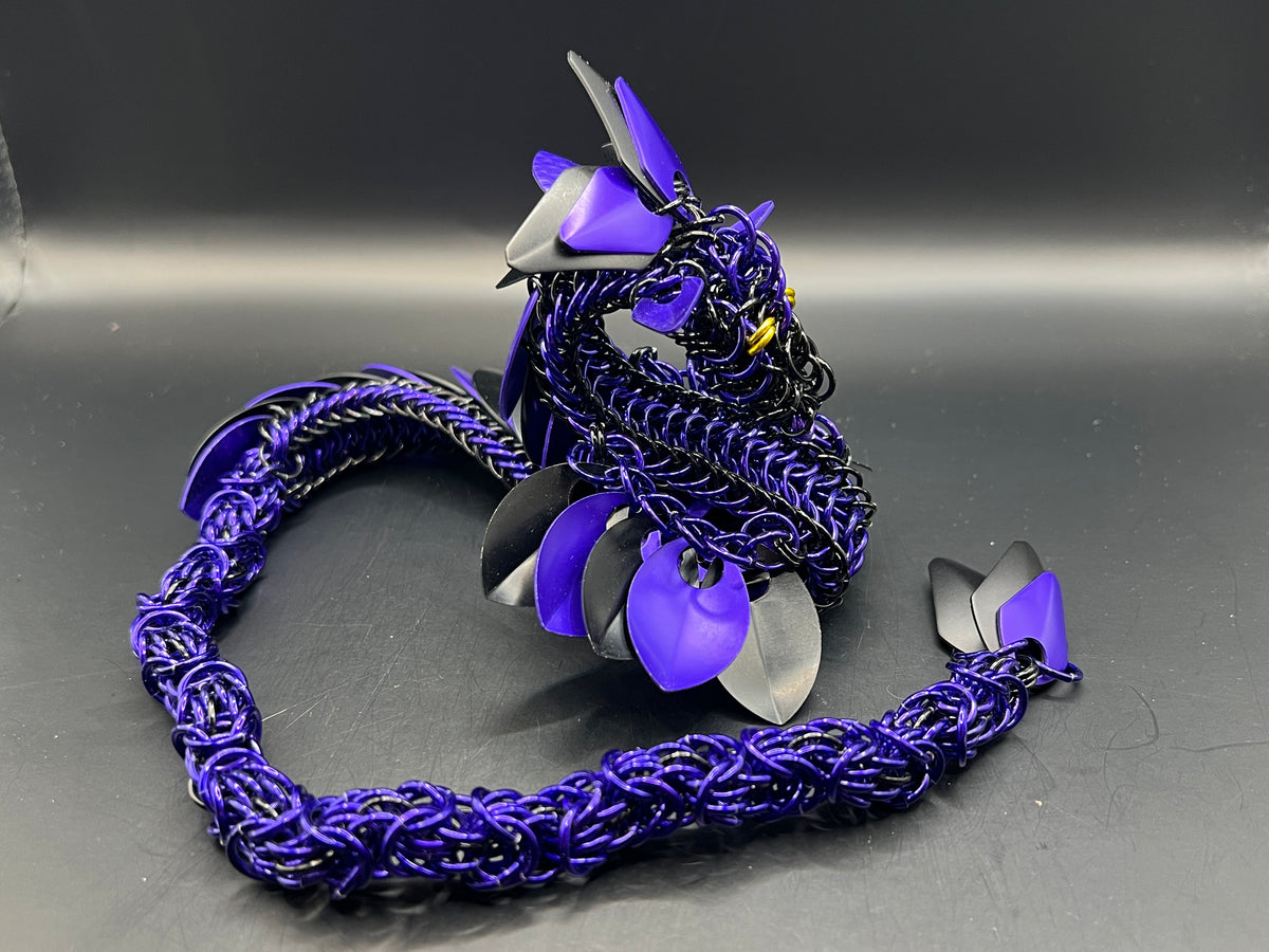 Handmade Wearable Chainmaille Large Dragon - Purple & Black
