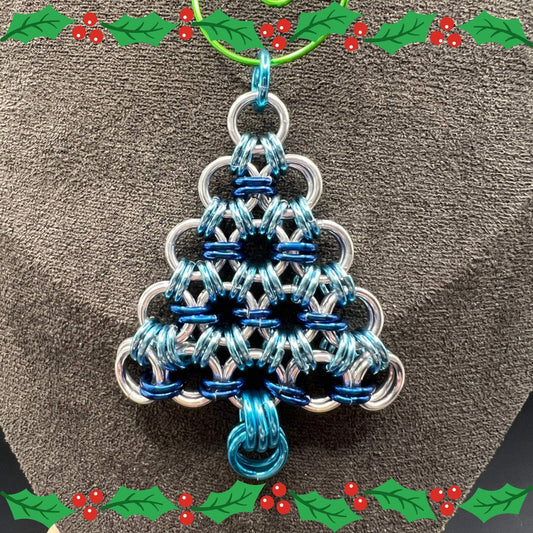 Blue & Silver Chainmaille Tree Christmas Ornament, Anodized Aluminum Measuring Approx. 2.25" Tall, Holiday Ornament, Holidays