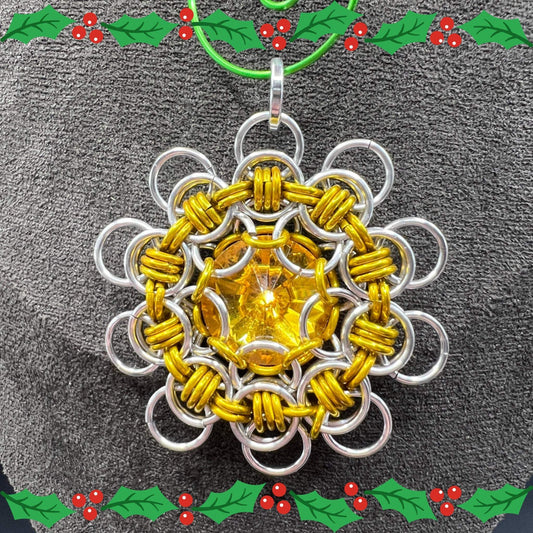 Gold & Silver Chainmaille Morningstar Christmas Ornament, Anodized Aluminum Measuring Approx. 2" Tall, Holiday Ornament, Holidays