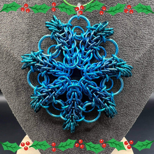 Blue & Teal Chainmaille Lenya Snowflake Christmas Ornament, Anodized Aluminum Measuring Approx. 2.5" Tall, Holiday Ornament, Holidays