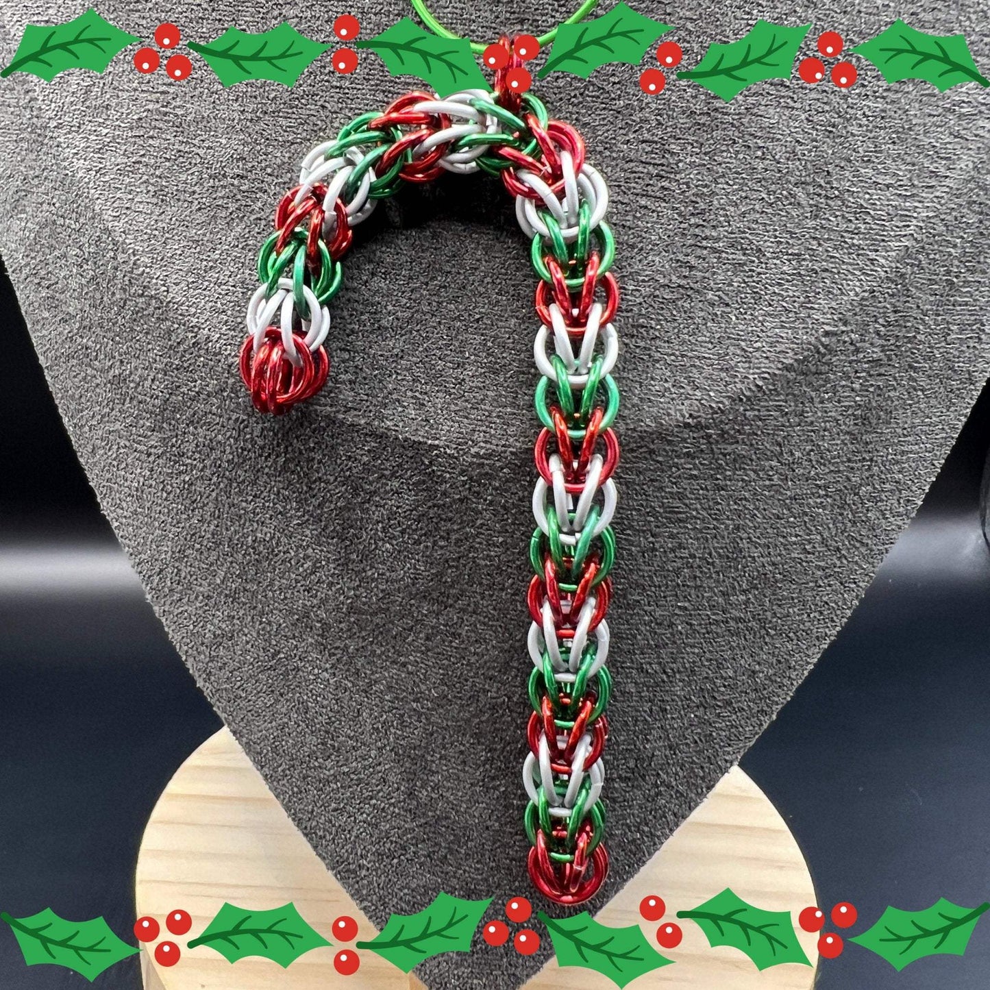 Chainmaille Candy Cane Christmas Ornament, Anodized Aluminum Measuring Approx. 3.5" Tall, Holiday Ornament, Holidays