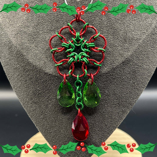 Green & Red Chainmaille Coming Up Daisies Christmas Ornament, Anodized Aluminum Measuring Approx. 3.5" Long, Holiday Ornament, Holidays