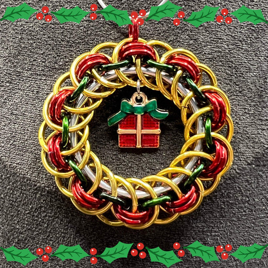 Gold, Red & Green Chainmaille Wreath Christmas Ornament, Anodized Aluminum Measuring Approx. 1.75" Tall, Holiday Ornament, Holidays