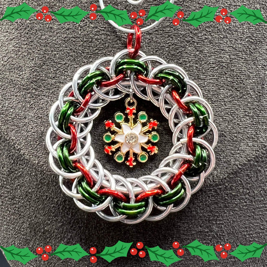 Silver, Green & Red Chainmaille Wreath Christmas Ornament, Anodized Aluminum Measuring Approx. 1.75" Tall, Holiday Ornament, Holidays