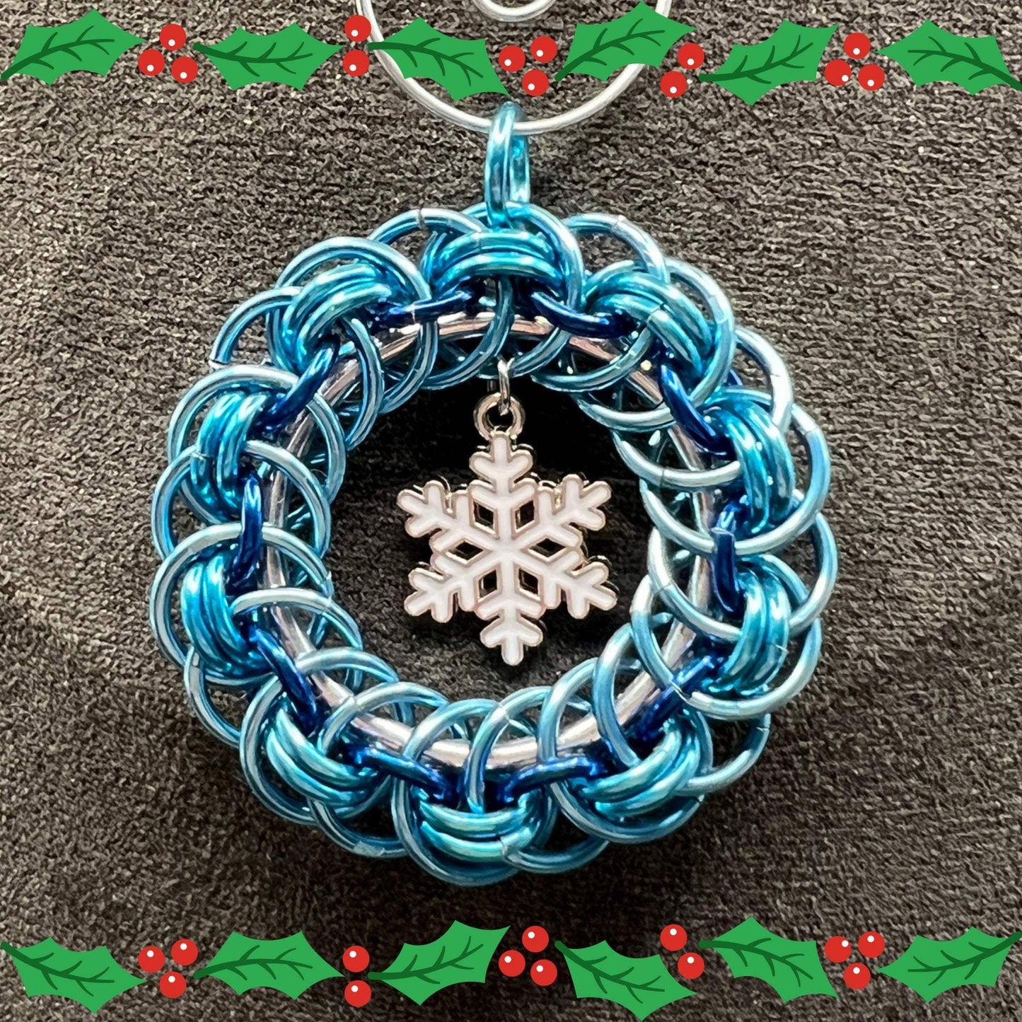 Blues Chainmaille Wreath Christmas Ornament, Anodized Aluminum Measuring Approx. 1.75" Tall, Holiday Ornament, Holidays