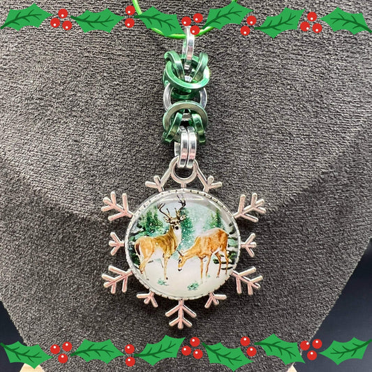 Deer in Snow Chainmaille Snowflake Christmas Ornament, Anodized Aluminum Snowflake Measures Approx. 1.5" Tall, Holiday Ornament, Holidays