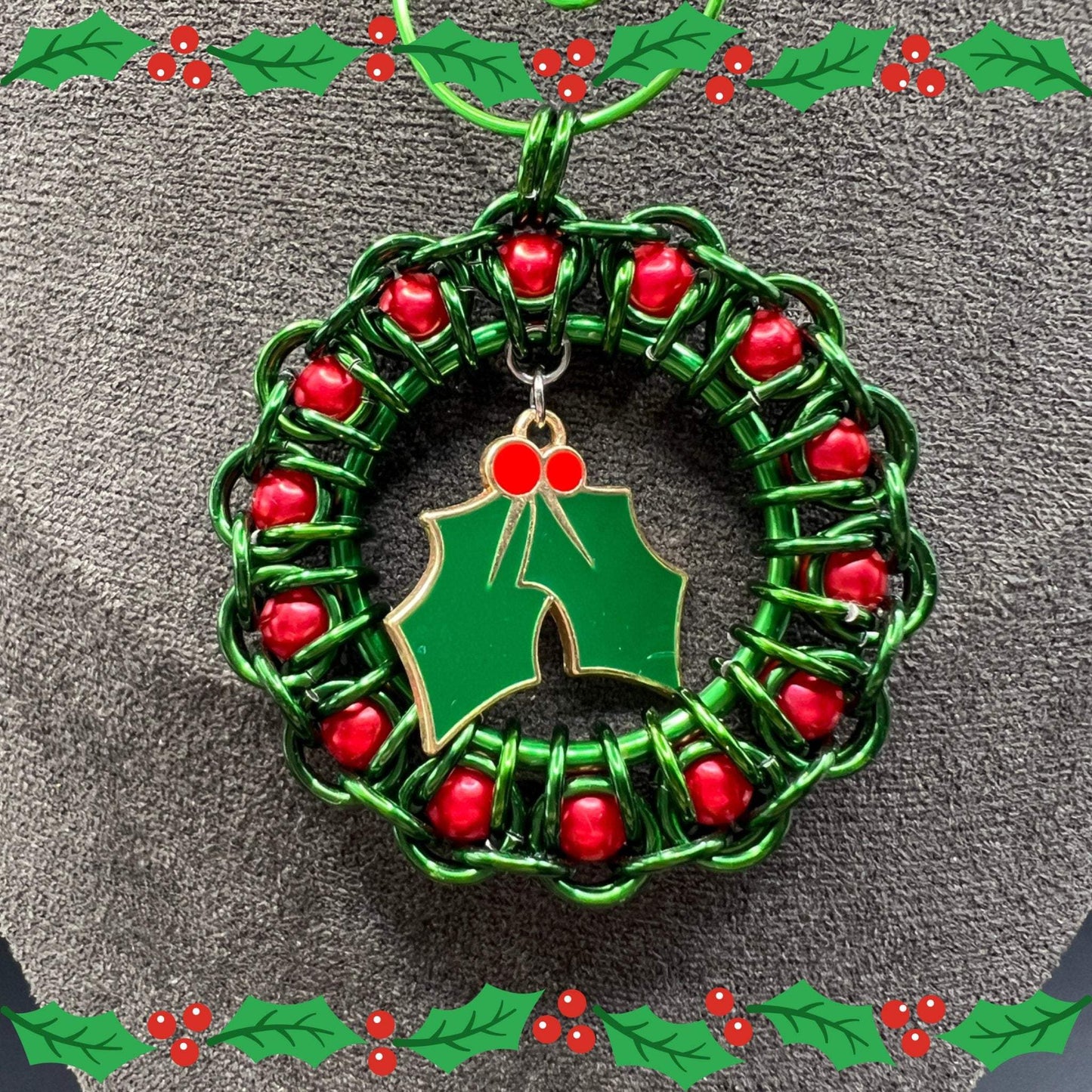 Green & Red Chainmaille Wreath Christmas Ornament, Anodized Aluminum Measuring Approx. 2" Tall, Holiday Ornament, Holidays