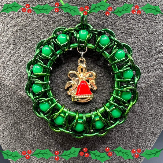 Green with Bells Chainmaille Wreath Christmas Ornament, Anodized Aluminum Measuring Approx. 2" Tall, Holiday Ornament, Holidays