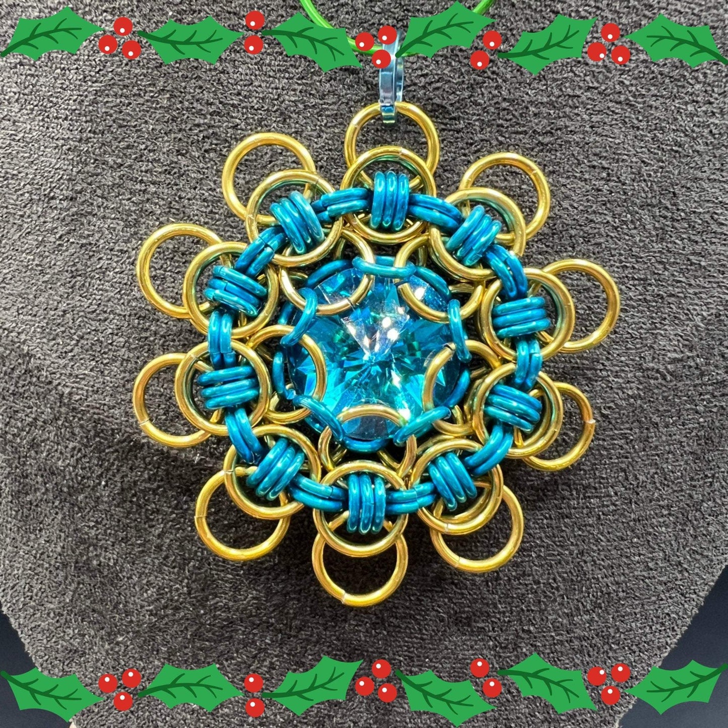 Blue & Gold Chainmaille Morningstar Christmas Ornament, Anodized Aluminum Measuring Approx. 2" Tall, Holiday Ornament, Holidays