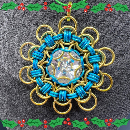 Gold & Blue Chainmaille Morningstar Christmas Ornament, Anodized Aluminum Measuring Approx. 2" Tall, Holiday Ornament, Holidays