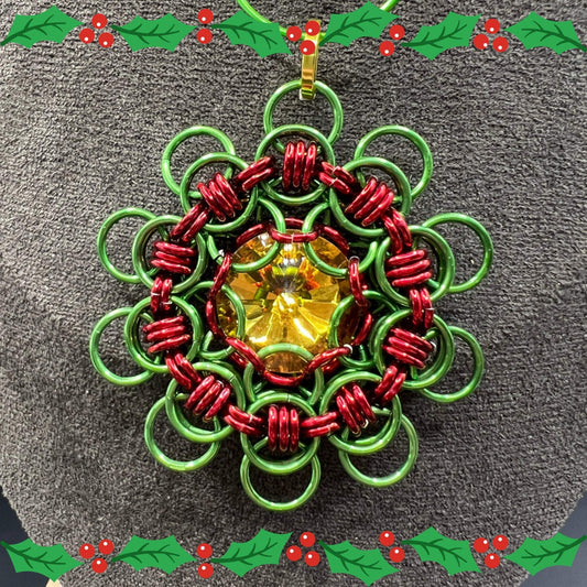 Red & Green Chainmaille Morningstar Christmas Ornament, Anodized Aluminum Measuring Approx. 2" Tall, Holiday Ornament, Holidays