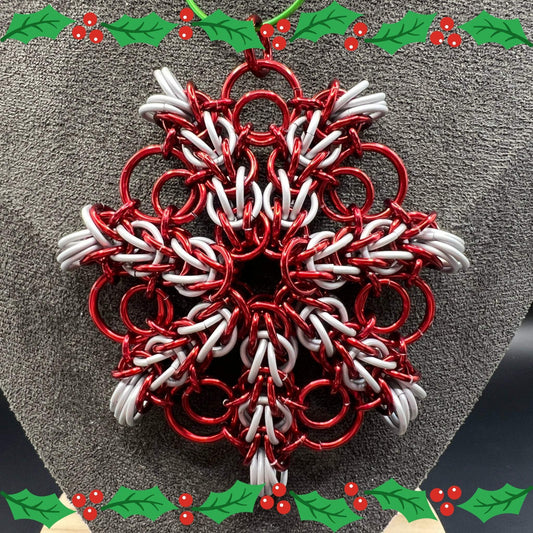 Red & White Chainmaille Lenya Snowflake Christmas Ornament, Anodized Aluminum Measuring Approx. 2.5" Tall, Holiday Ornament, Holidays