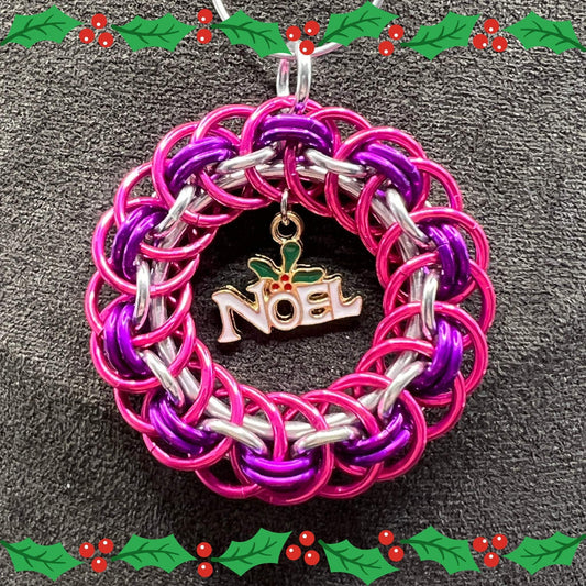 Pink, Violet & Silver Chainmaille Wreath Christmas Ornament, Anodized Aluminum Measuring Approx. 1.75" Tall, Holiday Ornament, Holidays